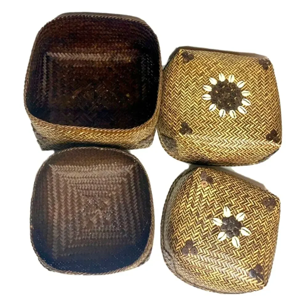 Square Chunky Hand Woven Nesting Baskets Shell & Button Lid Storage Boho Coastal